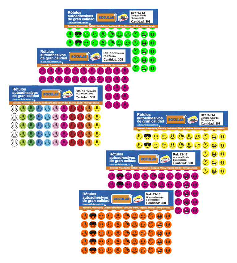 rotulos adhesivos de colores con caritas en forma circular, tamaño 13 mm
